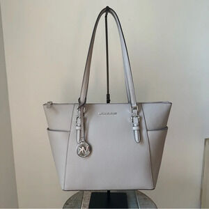 Michael Kors Charlotte Pearl Grey Large Leather Top Zip Tote Bag Purse